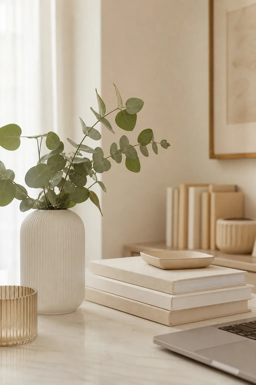 Neutral desk styling with vase, books, and stationery